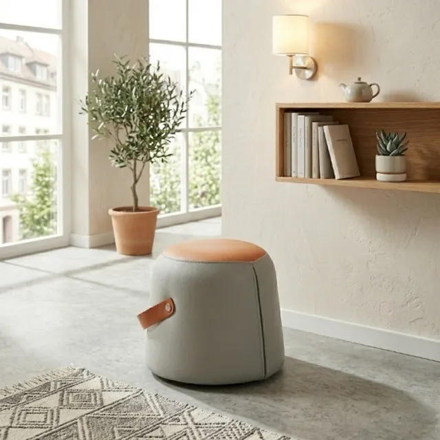HAUSS SPOLE Voetenbankje - Moderne Hocker Met Handgreep - Gestoffeerde Zitkruk - Voor Woonkamer En Slaapkamer - Kunstleer Grijs