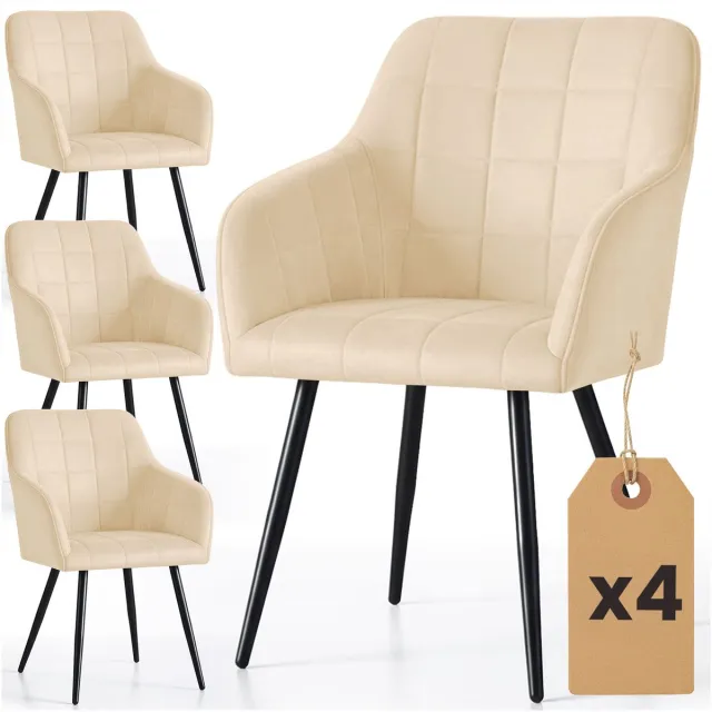 Akord Set van 4 Eetkamerstoelen LUXANO met Armleuningen / Gestoffeerde Stoelen / Fluwelen Stoelen en Metalen Poten / Beige met zwarte benen