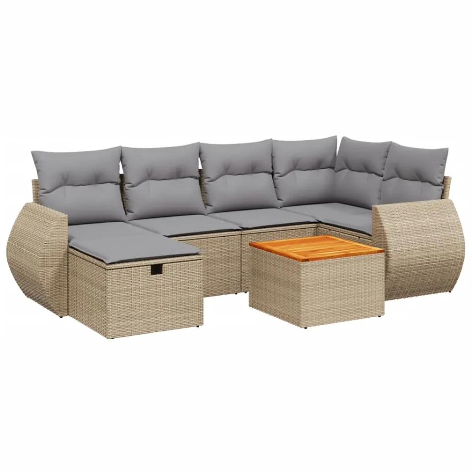 vidaXL 7-delige Loungeset met kussens poly rattan gemengd beige, foto 3