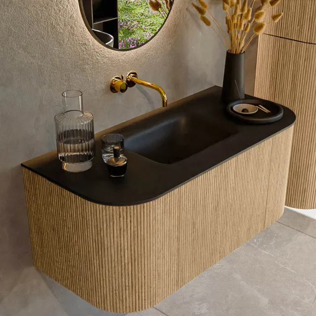 Mondiaz KURVE 100 cm Onderkast Greeploos 1 Lade Met Deuren Oak, Wastafel Solid Surface MIdden Urban 0 Kraangaten Zonder Spiegel (KRVGRU100L+R1L2D0KM-Oak/Urb)