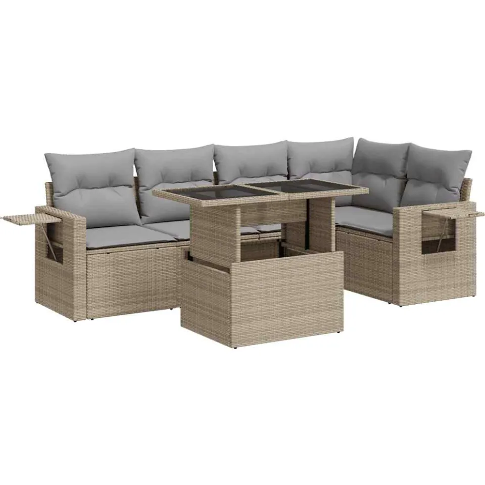 vidaXL 6-delige Loungeset met kussens poly rattan beige, foto 3