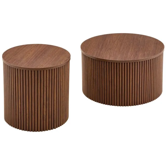 Innovastore Bijzettafels - Salontafels - 2-delige tafelset - Huismeubilair - Rondetafels - Walnootlook - met Opbergruimte - MDF Walnootkleur