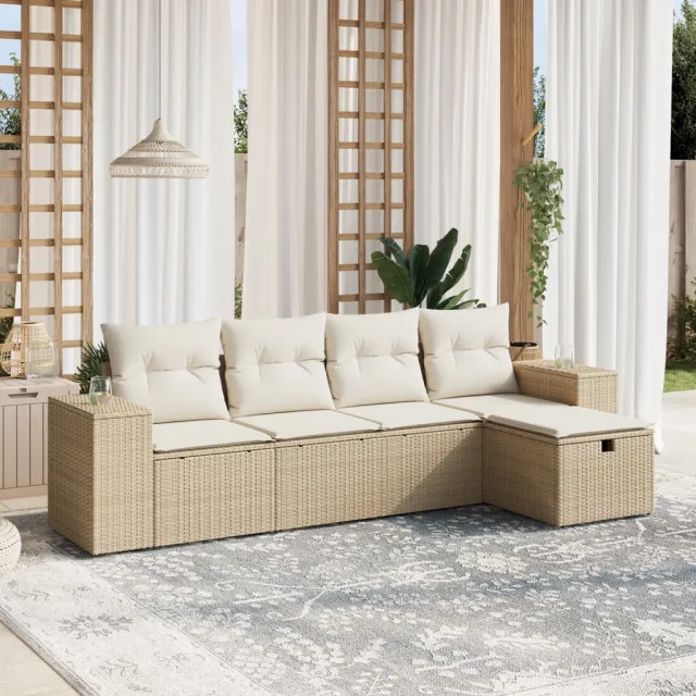 vidaXL 5-delige Loungeset met kussens poly rattan beige, foto 2