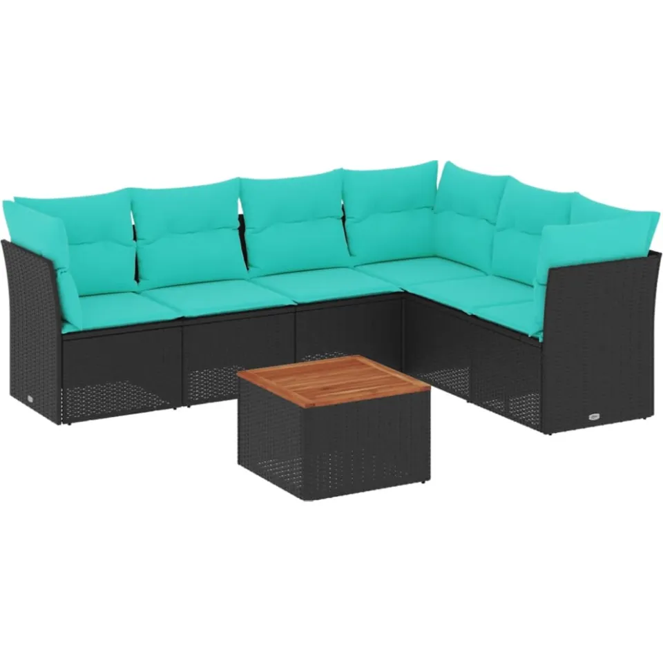vidaXL 7-delige Loungeset met kussens poly rattan zwart, foto 3