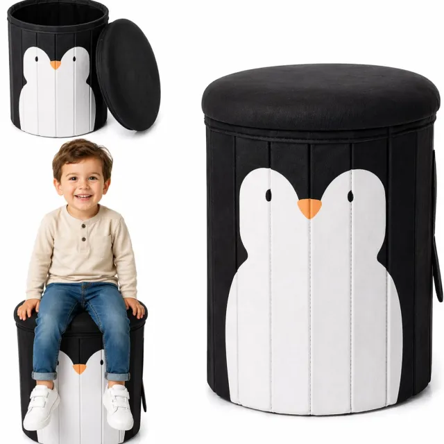 LUXALIVING Kinderpoef Pinguïn met Opbergruimte – Opbergpoef met Deksel – Zitpoef voor Kinderen – 28x28x34 cm Zwart