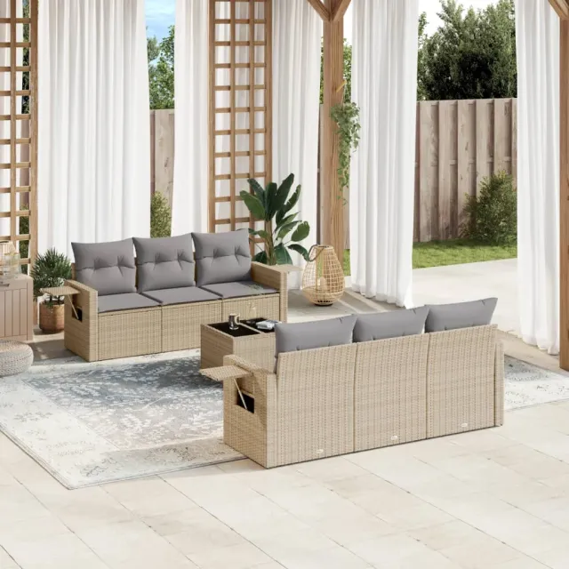 vidaXL 7-delige Loungeset met kussens poly rattan beige, foto 2
