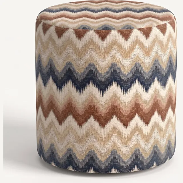 Mörgenn Poef Zigzag Terra Blue - Ronde Poef en Voetenbank - Chevron Geweven - 40x40x50 cm