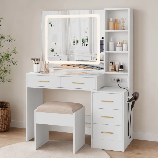 SHOPENTRA Kaptafel 110 cm wit met LED-spiegel, USB-C laadstation, stopcontacten en kruk