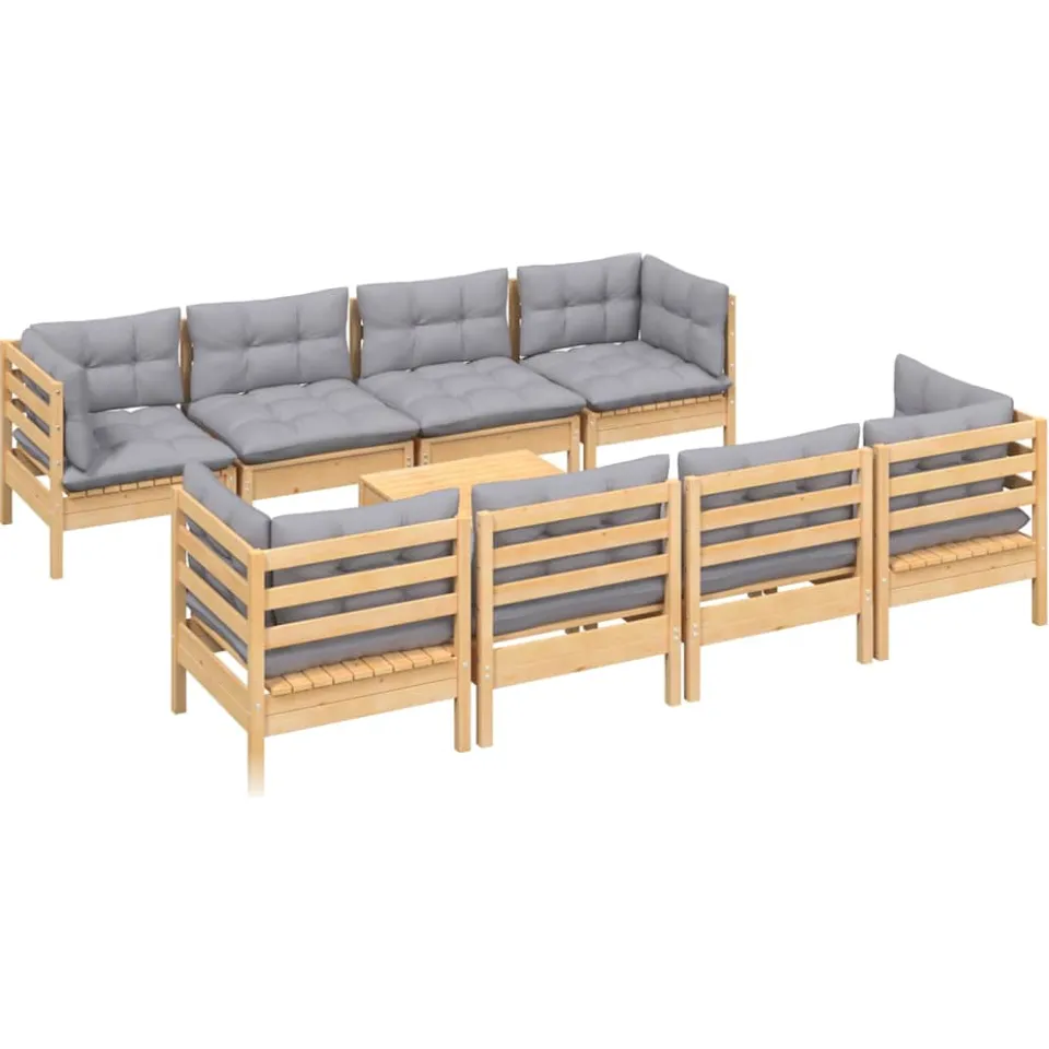 vidaXL 9-delige Loungeset met grijze kussens grenenhout grijs