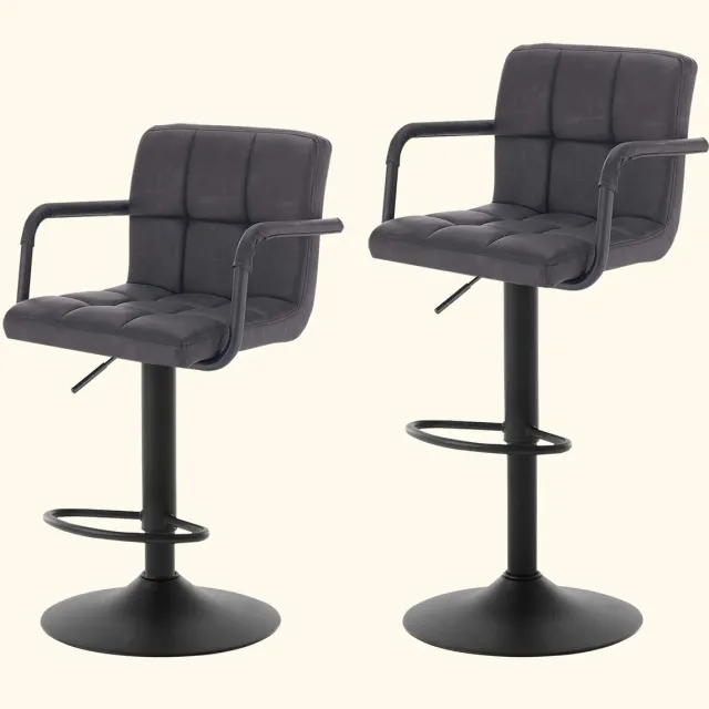 Cozy Cottage® Set van 2 Leren Barstoelen – In Hoogte Verstelbare Draaibare Barkrukken met Rugleuning – Gewatteerde Zitting & Armleuningen – Comfortabele Stoelen voor Eetkamer & Keuken Antraciet