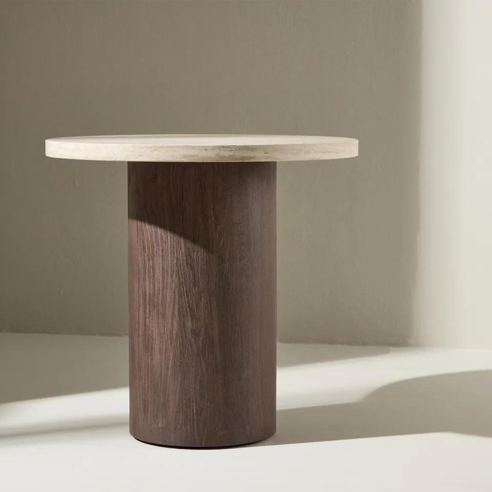 Nest living Jente ronde houten bijzettafel donkerbruin met travertine tafelblad- Ø 50 cm beige, foto 2