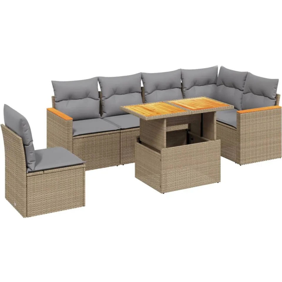 vidaXL 7-delige Loungeset met kussens poly rattan beige, foto 3