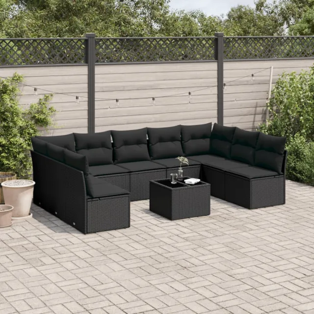vidaXL 10-delige Loungeset met kussens poly rattan zwart, foto 2