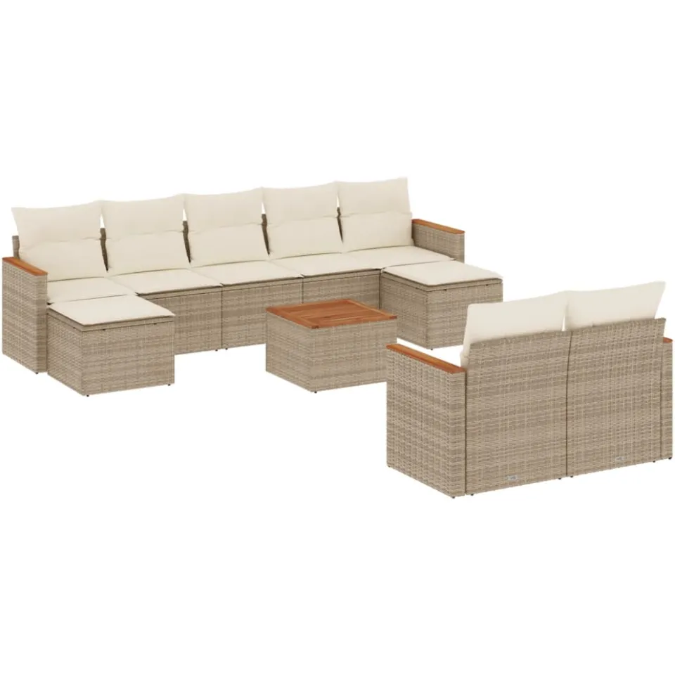 vidaXL 10-delige Loungeset met kussens poly rattan beige, foto 3