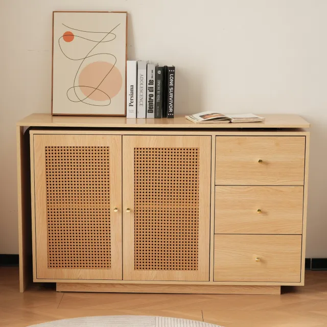 MODFU L-Vormig Draaibaar Hoekbureau Met Opbergruimte - Rattanlook - MDF - Naturelkleur - 126 Cm Naturel hout