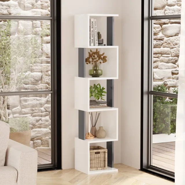 LUNOR Milan - Boekenkast – Staande kast met 5 open vakken – (HxBxD) 161 × 35 × 30 cm – Wit/Antraciet