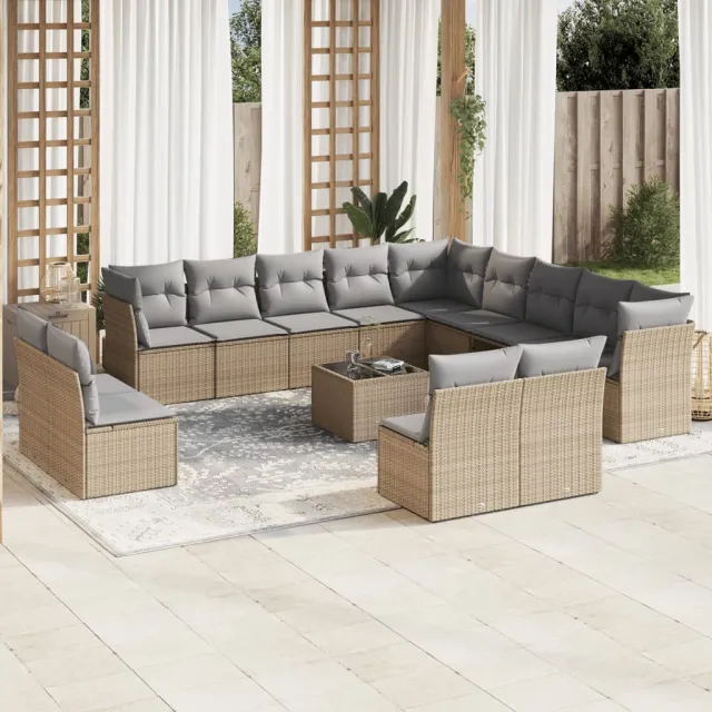vidaXL 14-delige Loungeset met kussens poly rattan beige, foto 2