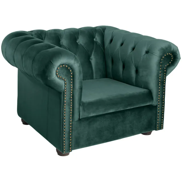 Vega Fauteuil Chesterfield fluweel, incl. poten; 114x97x72.5 cm (BxDxH); zitting dennengroen, frame bruin