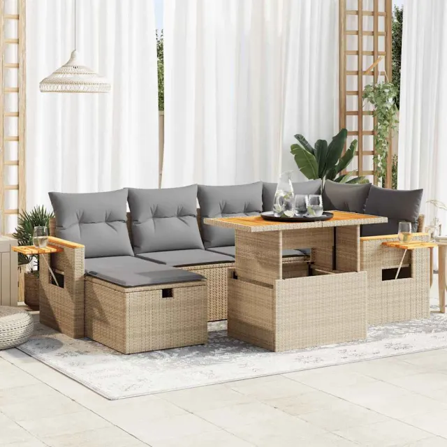 vidaXL 8-delige Loungeset met kussens poly rattan beige, foto 2