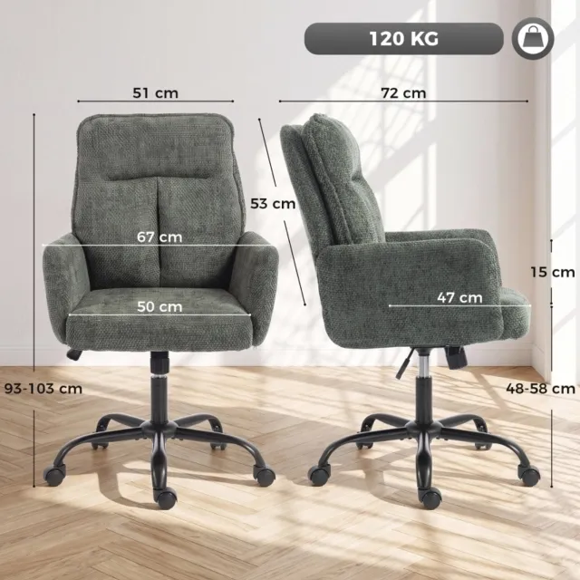 DESMIU Bureaustoel 67 x 72 cm - Verstelbare Zithoogte en Wipfunctie - Voor Thuiskantoor en Slaapkamer - Stof en Metaal - Donkergroen