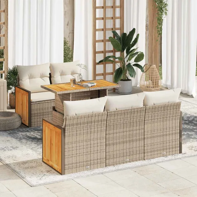 vidaXL 6-delige Loungeset met kussens poly rattan acacia beige, foto 2
