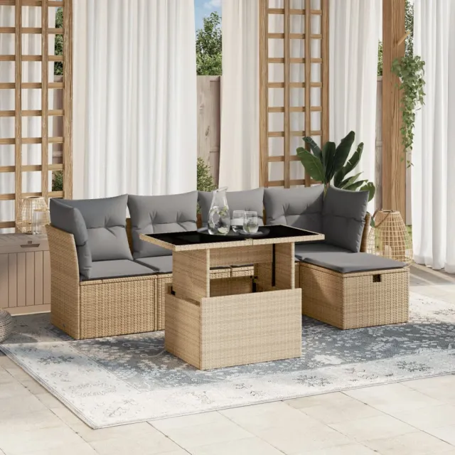 vidaXL 6-delige Loungeset met kussens poly rattan beige, foto 2