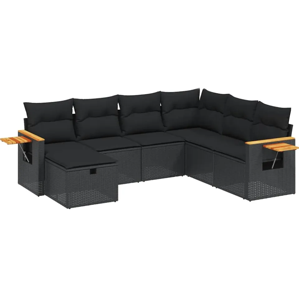 vidaXL 7-delige Loungeset met kussens poly rattan zwart
