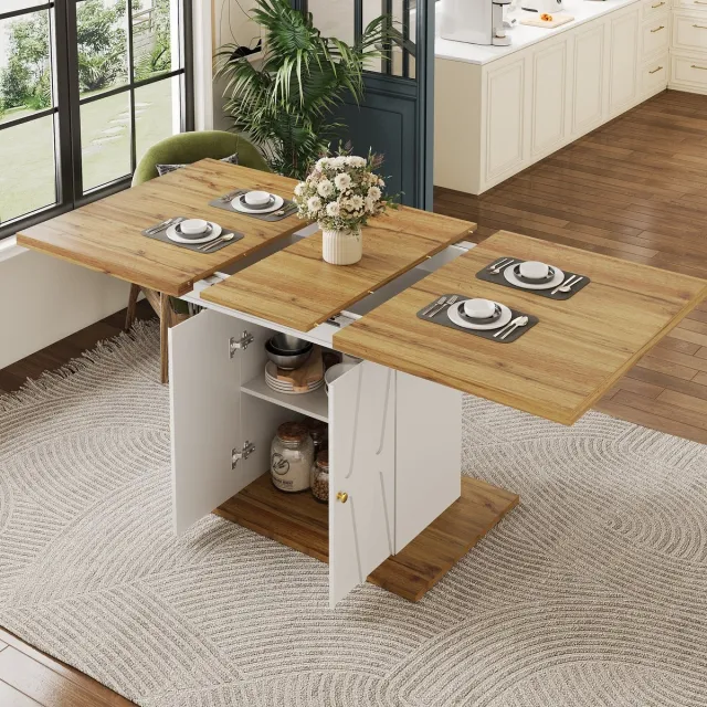 PHOEBE CAT Eettafel - Met kast - Uitschuifbaar tafelblad - 110(140)x70x76,5 cm - Houtnerf - Wit + Naturel