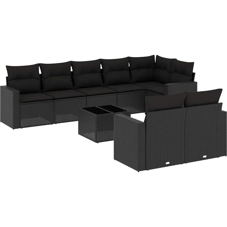 vidaXL 9-delige Loungeset met kussens poly rattan zwart
