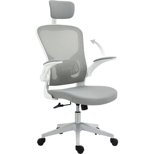 Vinona Ergonomische bureaustoel - Met hoofdsteun en lendensteun en opklapbare armleuningen - 65 x 64 x 114-122 cm - Grijs