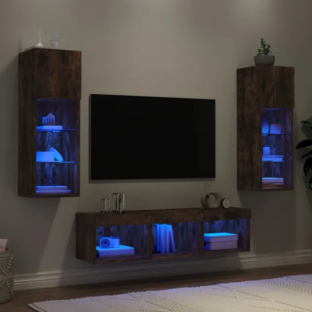 vidaXL 5-delige tv-wandmeubelset met LED bewerkt hout gerookt eiken, foto 2