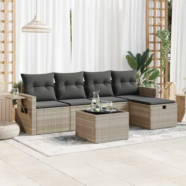 vidaXL 6-delige Loungeset met kussens poly rattan lichtgrijs grijs, foto 2