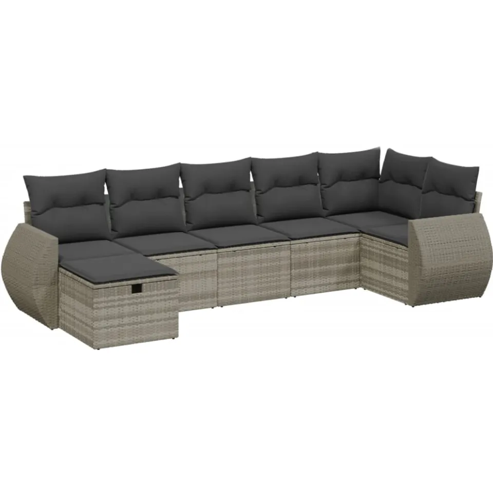 vidaXL 7-delige Loungeset met kussens poly rattan lichtgrijs grijs, foto 3