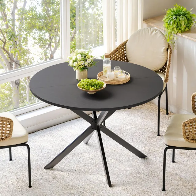 REDOM Tafel - Ronde eettafel met X-poot - Vast tafelblad - Industriële stijl - Keuken en eetkamer - Spaanplaat en metaal - Zwart - 120 cm