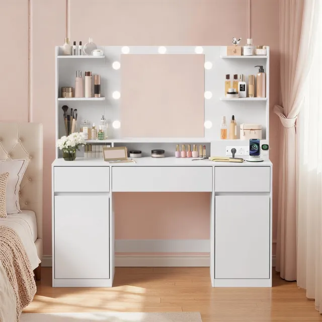 Conway Living XXL Kaptafel - Make Up Tafel met Spiegel - 9 LED Lampen - Met 2 Stopcontacten & USB A & USB C - 3 Lades en 2 Kasten met 8 Planken - 144x110x40 cm - Wit