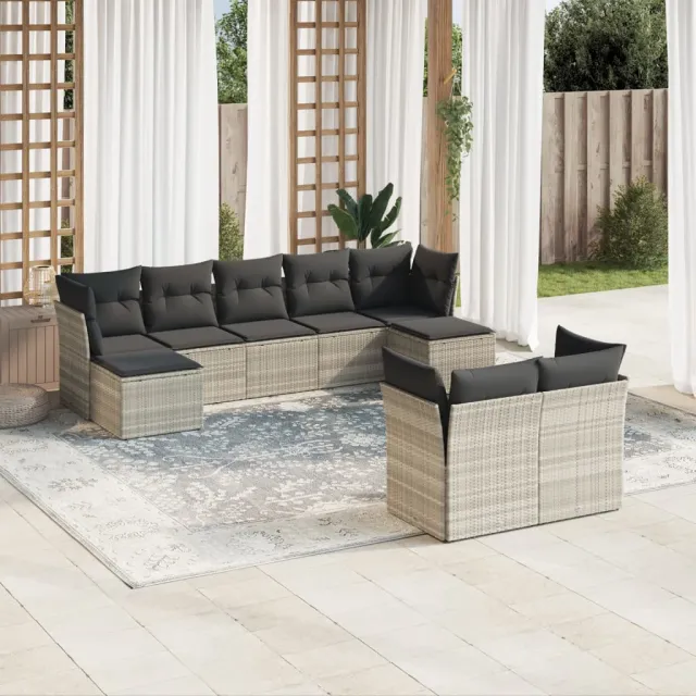 vidaXL 9-delige Loungeset met kussens poly rattan lichtgrijs grijs, foto 2