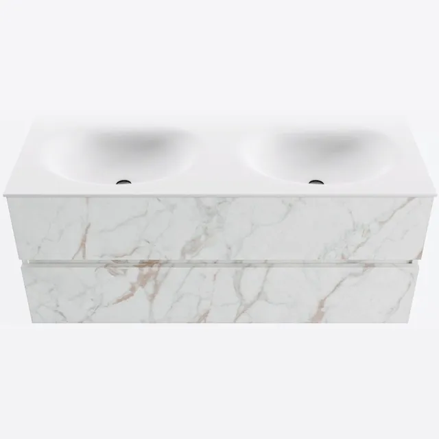Mondiaz VICA 120cm badmeubel onderkast Carrara 2 lades. Wastafel MOON dubbel zonder kraangat, kleur Talc. Cararra