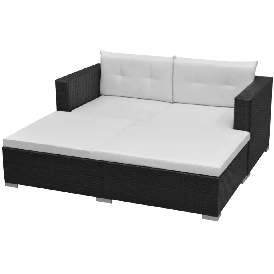 vidaXL 3-delige Loungeset met kussens poly rattan zwart, foto 4