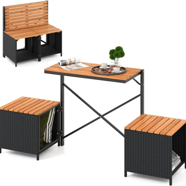 Costway 2-in-1 Tuinbank, omvormbare picknicktafel & zitbank (Zwart) | Balkonset, balkonmeubelen voor kleine balkons, zitgroep, zitmeubilair voor tuin, terras
