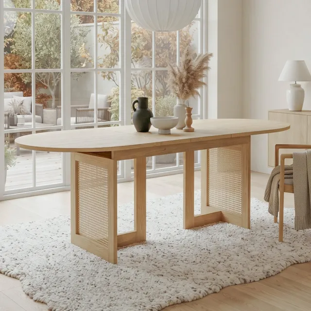 REDOM Eettafel - Uitschuifbaar - Halfronde afgeronde tafelbladen - Rattan tafelpootdetails - Scandinavische stijl - Eetkamer - MDF - Eiken - 200 x 90 x 75 cm Eikenkleur