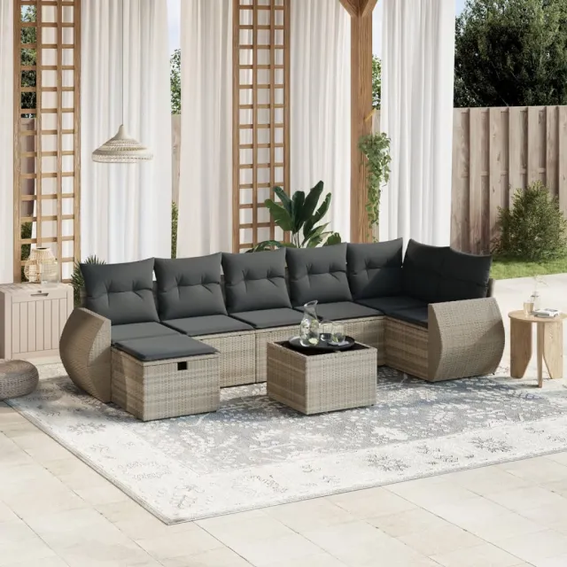 vidaXL 8-delige Loungeset met kussens poly rattan lichtgrijs grijs, foto 2