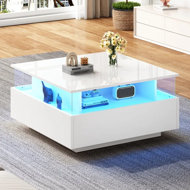 Maisentiel Salontafel met LED-verlichting en 2 lades, hoogglans spaanplaat, wit