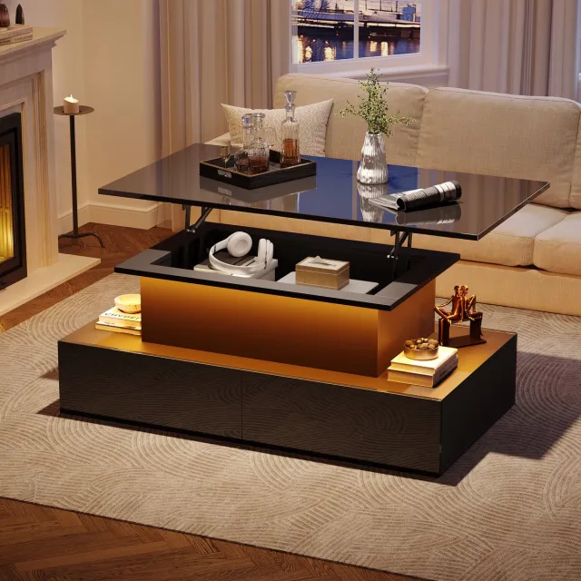 MIVRAY Salontafel - Uitschuifbaar Blad Met LED En 4 Laden - Voor Woonkamer En Leeshoek - Spaanplaat Zwart - 90x55x41 Cm
