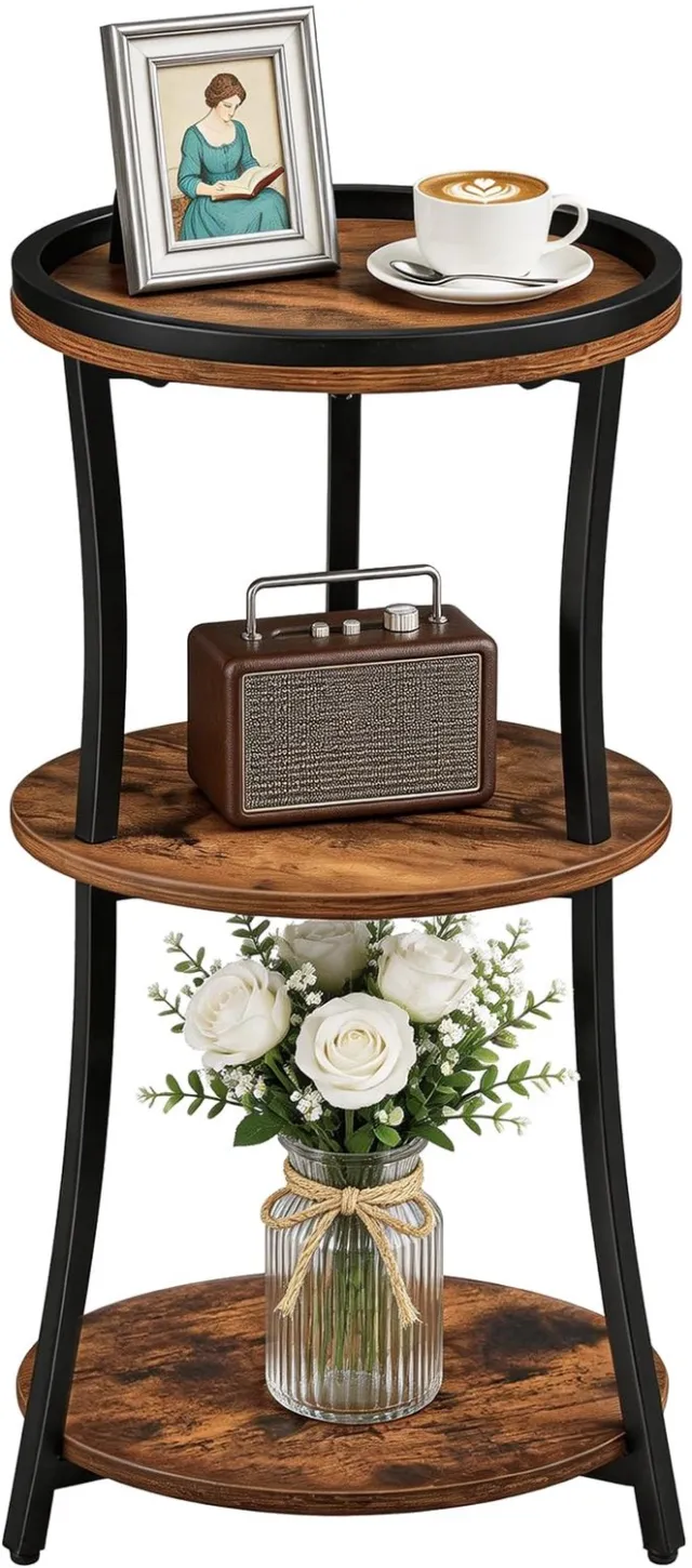 Famanu Ronde Bijzettafel met Opstaande Rand - Ideaal voor kleine ruimtes - Drie lagen - Vintage bruin en zwart wit