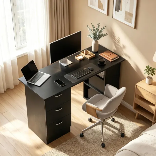 Zubaliya Bureau - met laden en opbergruimte - zwart - afmetingen 120 x 49 x 72 cm - materiaal mdf - voor een praktische en georganiseerde werkplek