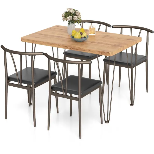 Costway Tafel met 4 stoelen set, eettafel set met 4 cm dikke tafelblad & metalen frame, 5-delige eetgroep industrieel, zitgroep voor eetkamer en restaurant Rustic Oak + Zwart