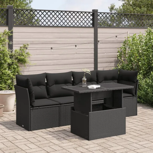 vidaXL 5-delige Loungeset met kussens poly rattan zwart, foto 2