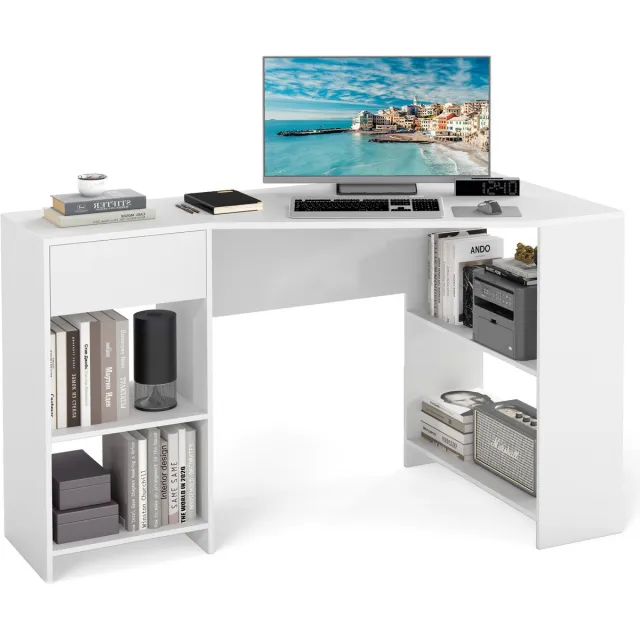 Costway L-vormig bureau, hoekbureau met lade en planken, moderne computertafel, hoektafel voor thuiskantoor, wit
