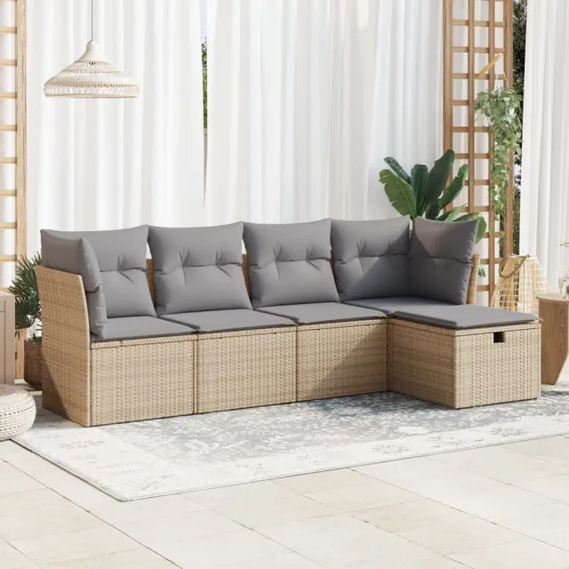 vidaXL 5-delige Loungeset met kussens poly rattan beige, foto 2