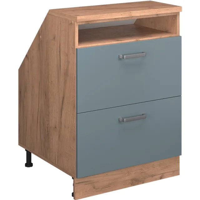 Vicco R-Line Keukenkast voor schuine wand – 60 cm met 2 laden, kastromp 60 cm diepte Blauw-grijs Blauw-grijs/Goudkleurig Eiken